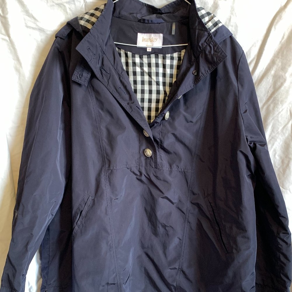 Women's Raincoat,  knee length, LAUNDRY, Blue with cotton lining, L, hood